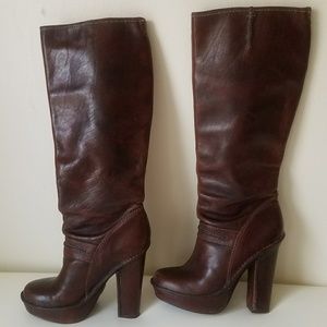 Frye Company brown knee high platform boots